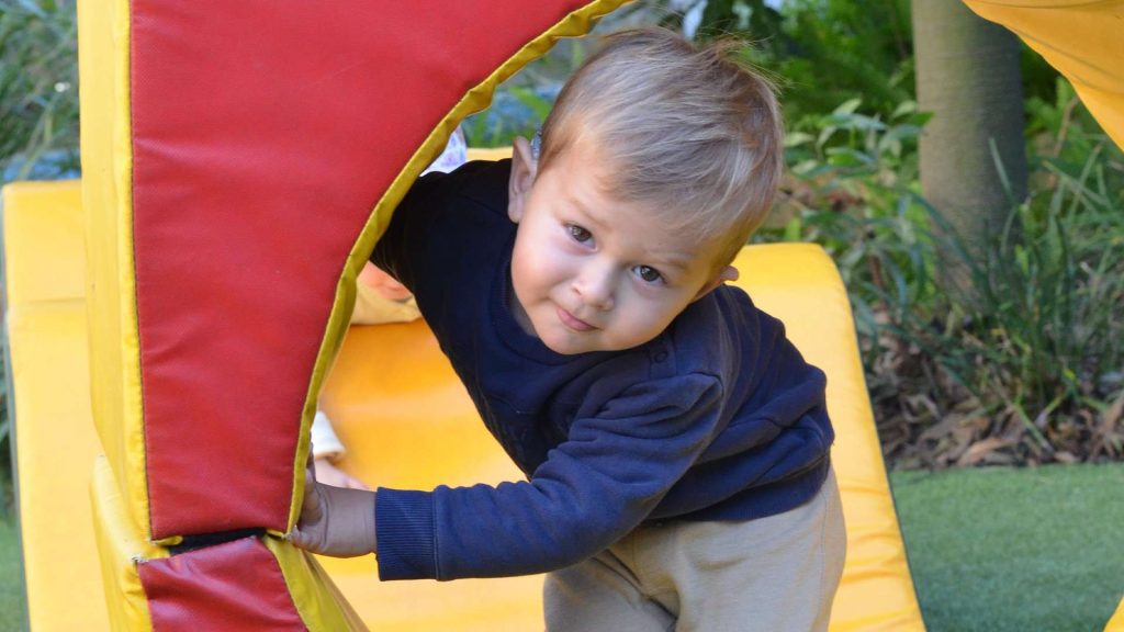 Boy Climbing On Play Equipement Looking A Camera